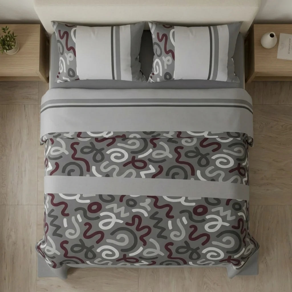 Juego De Sábanas Con Cortinas Neo Trazo Gris