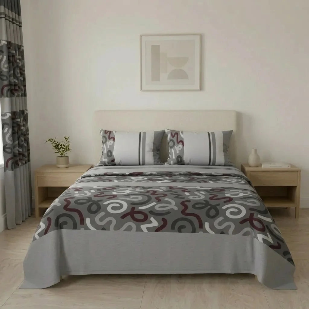 Juego De Sábanas Con Cortinas Neo Trazo Gris