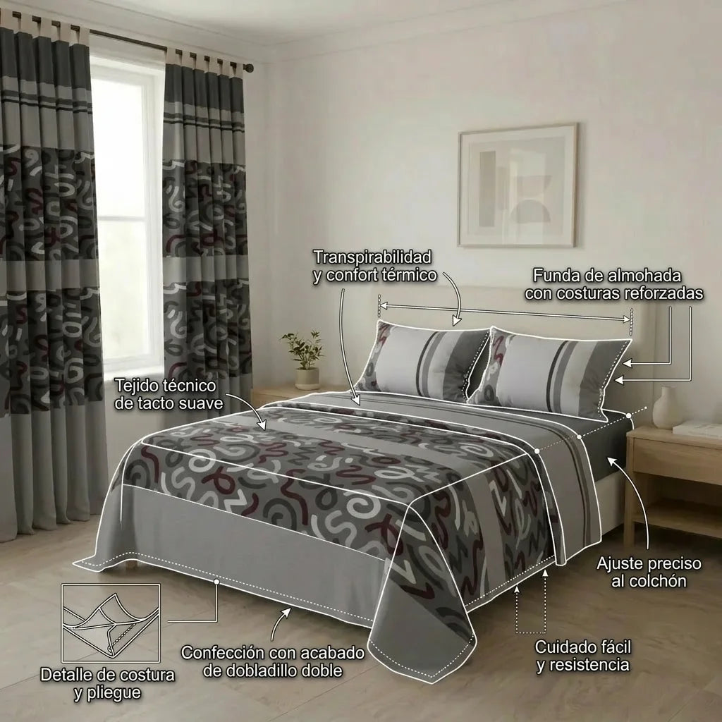 Juego De Sábanas Con Cortinas Neo Trazo Gris