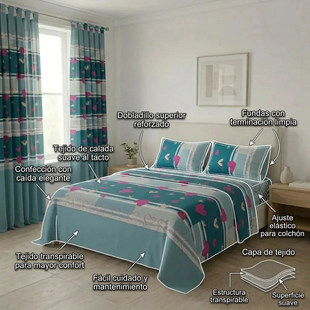Juego De Sábanas Con Cortinas Corazones Del Mar