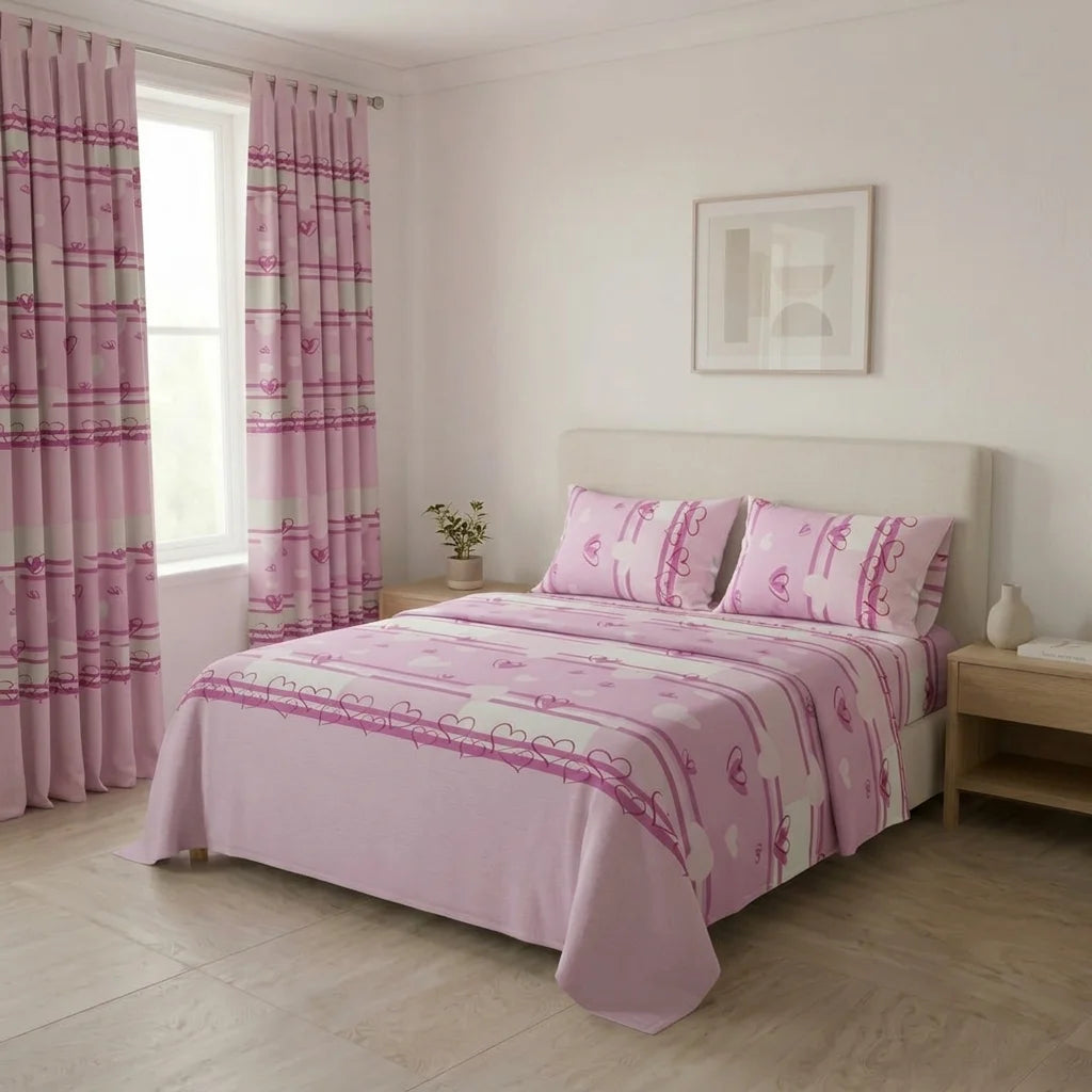 Juego De Sábanas Con Cortinas Corazones Del Mar Fucsia