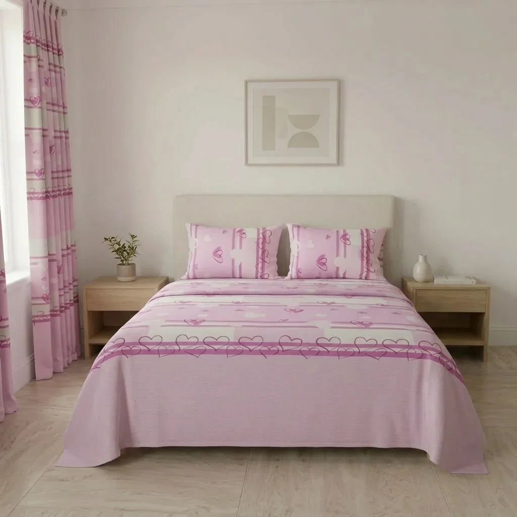 Juego De Sábanas Con Cortinas Corazones Del Mar Fucsia