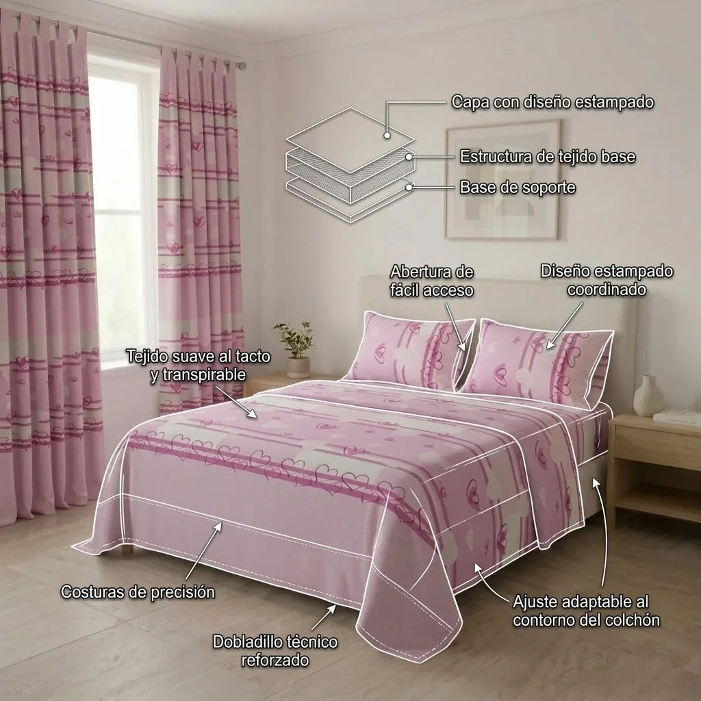 Juego De Sábanas Con Cortinas Corazones Del Mar Fucsia
