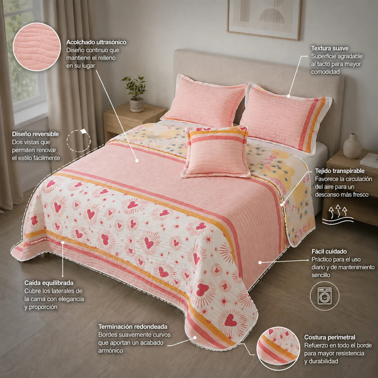 Cubrelecho Estampado Prensado Doble Faz Love Essence