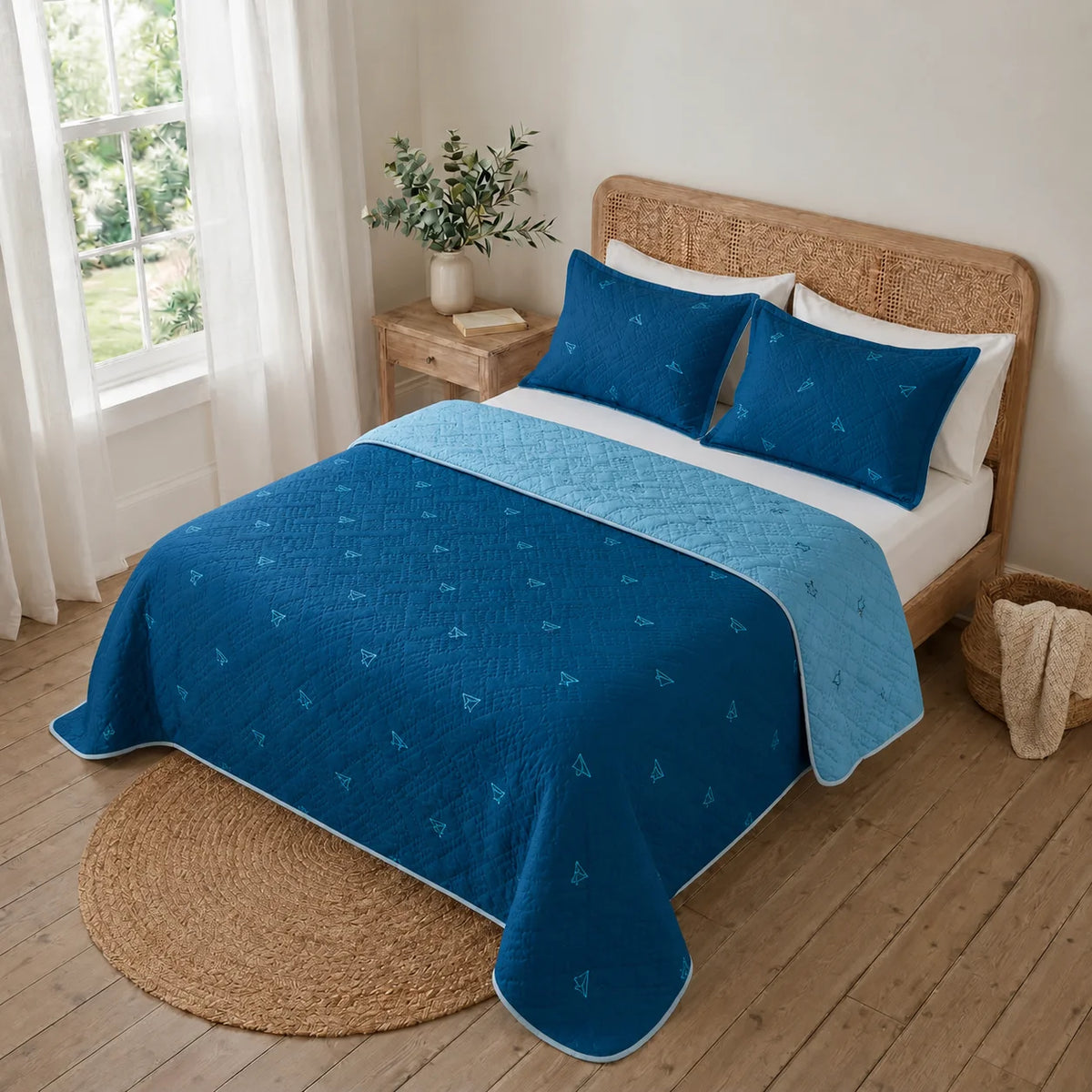 Cubrelecho Termosellado Doble Faz Cotton Sense Blue Origami