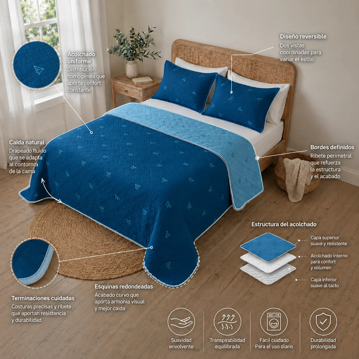 Cubrelecho Termosellado Doble Faz Cotton Sense Blue Origami