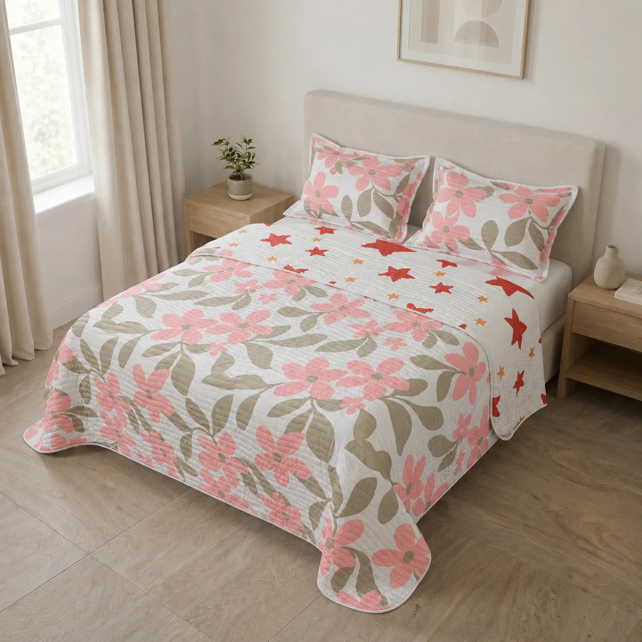 Cubrelecho Estampado Prensado Doble Faz  Starry Rose