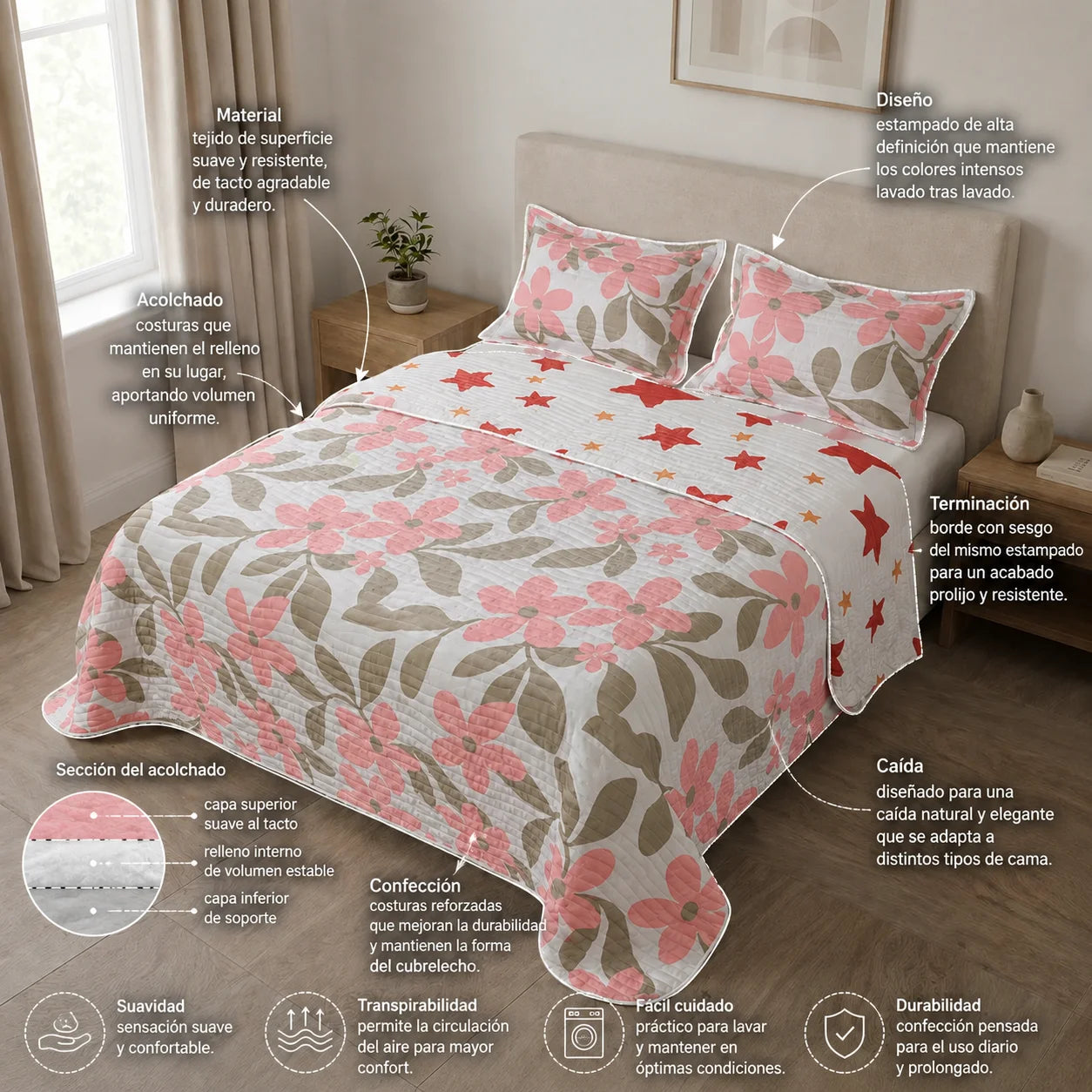 Cubrelecho Estampado Prensado Doble Faz  Starry Rose