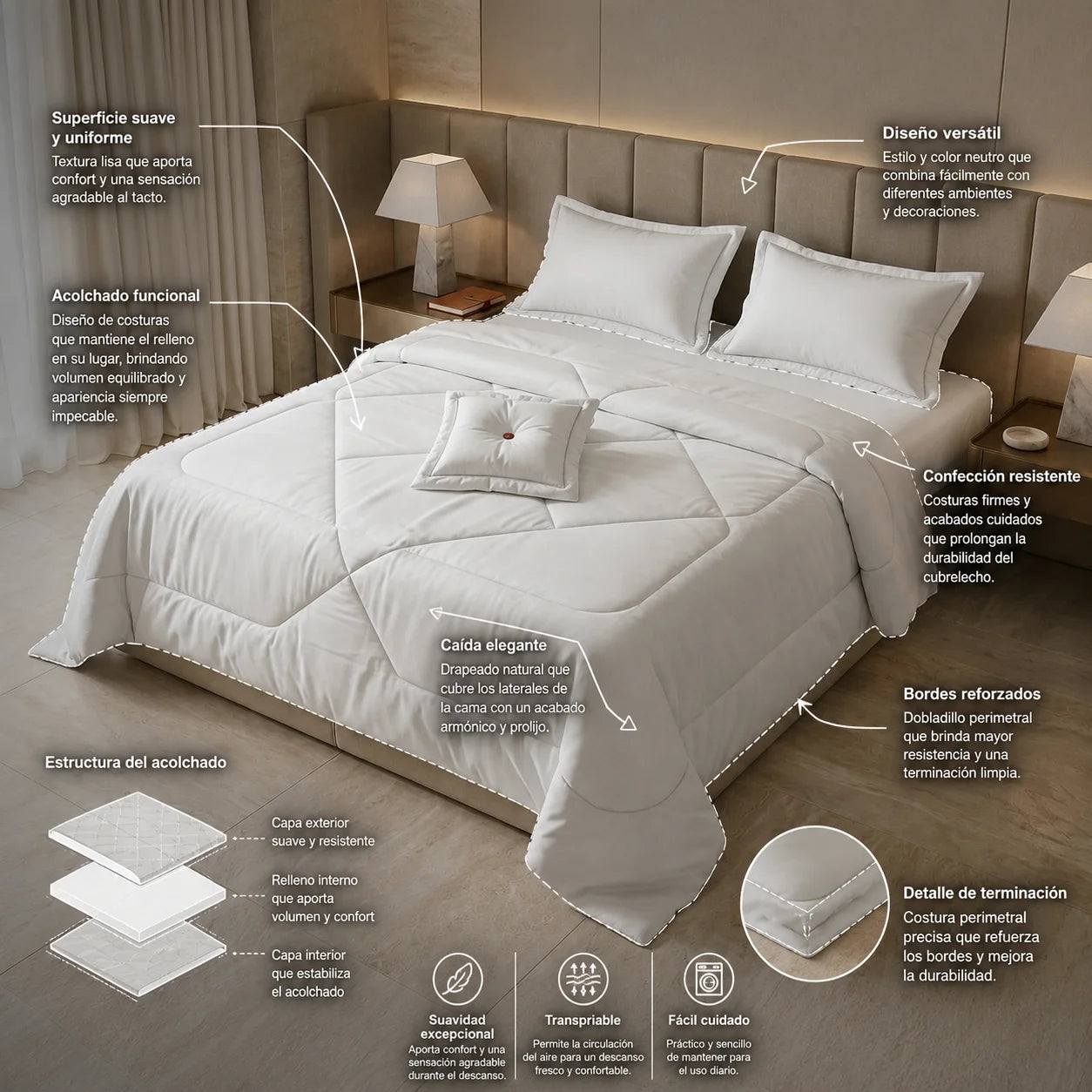 Cubrelecho Súper Acolchado Cama Doble-Blanco Blanco Esponjoso