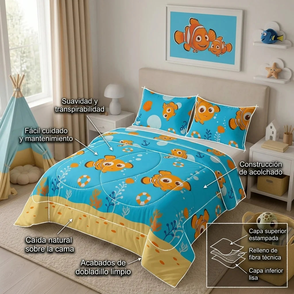 Cubrelecho Acolchado Disney Buscando A Nemo Celeste Estampados Animados