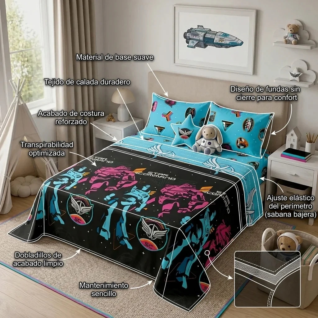 Juego De Sábanas Cama Doble Disney Lightyear Comando Estelar Negro Estampados Animados