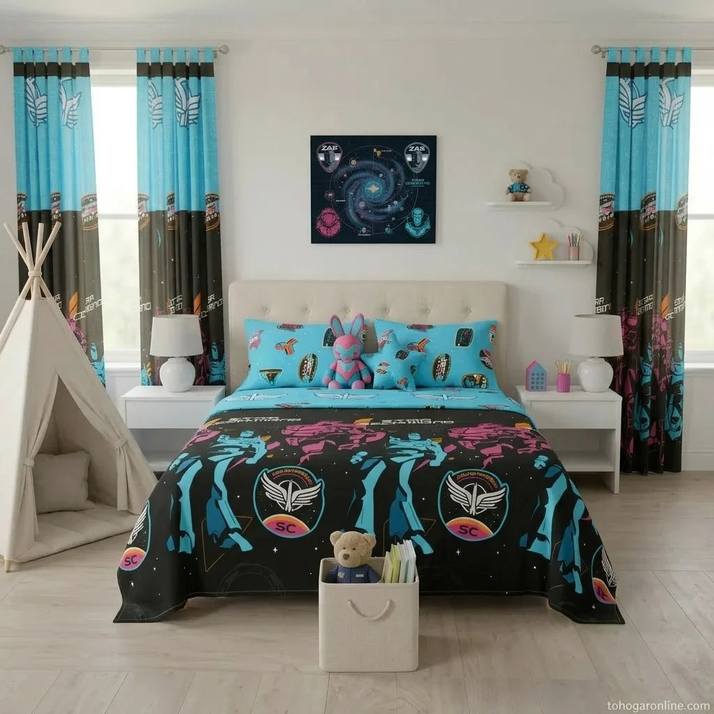 Juego De Sábana Con Cortina Disney Azul Celeste Buzz Ligthyear Estampados Animados