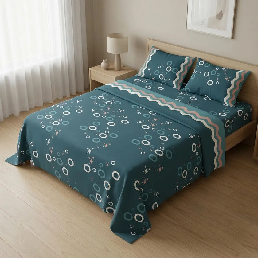 Juego De Sabanas 180 Hilos Azul Círculos Y Estrellas Confortable