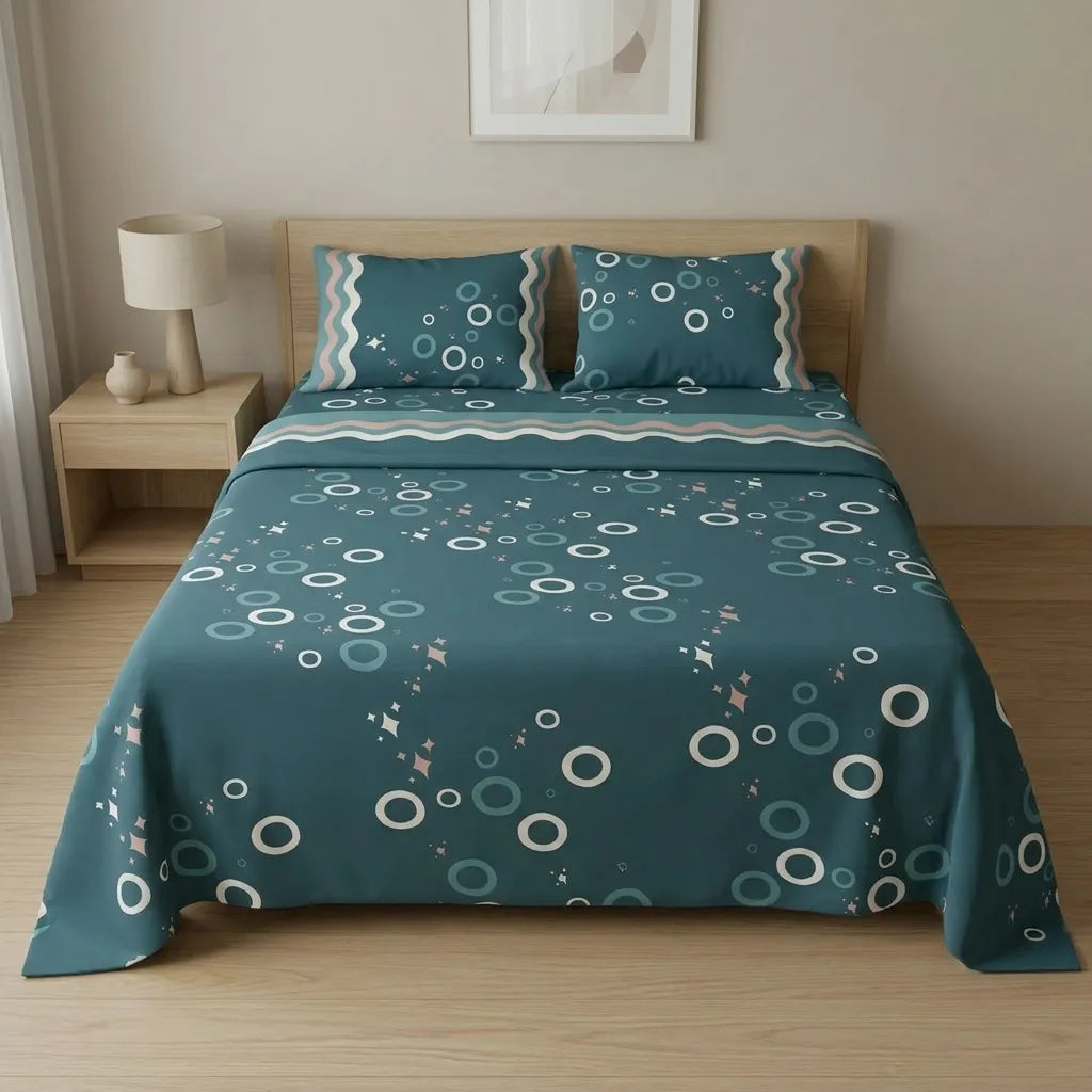 Juego De Sabanas 180 Hilos Azul Círculos Y Estrellas Confortable