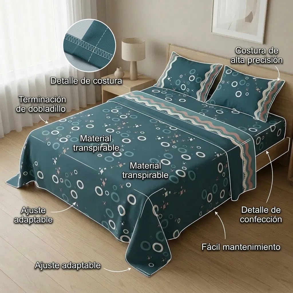 Juego De Sabanas 180 Hilos Azul Círculos Y Estrellas Confortable