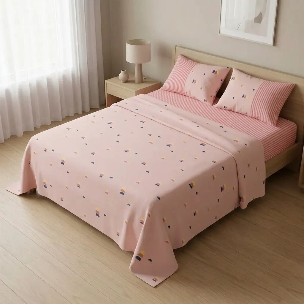 Juego De Sabanas 180 Hilos Rosado Semicírculos Y Líneas Confortable