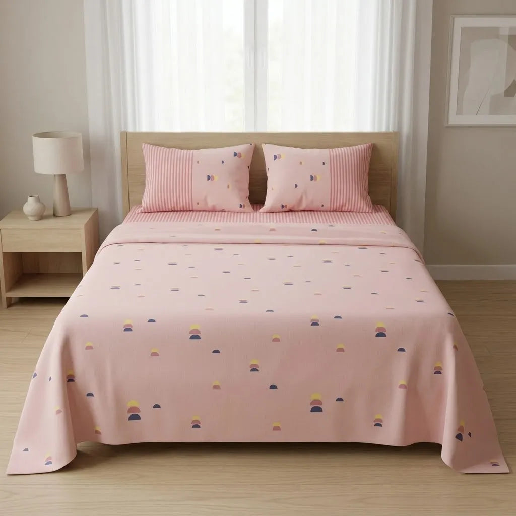 Juego De Sabanas 180 Hilos Rosado Semicírculos Y Líneas Confortable