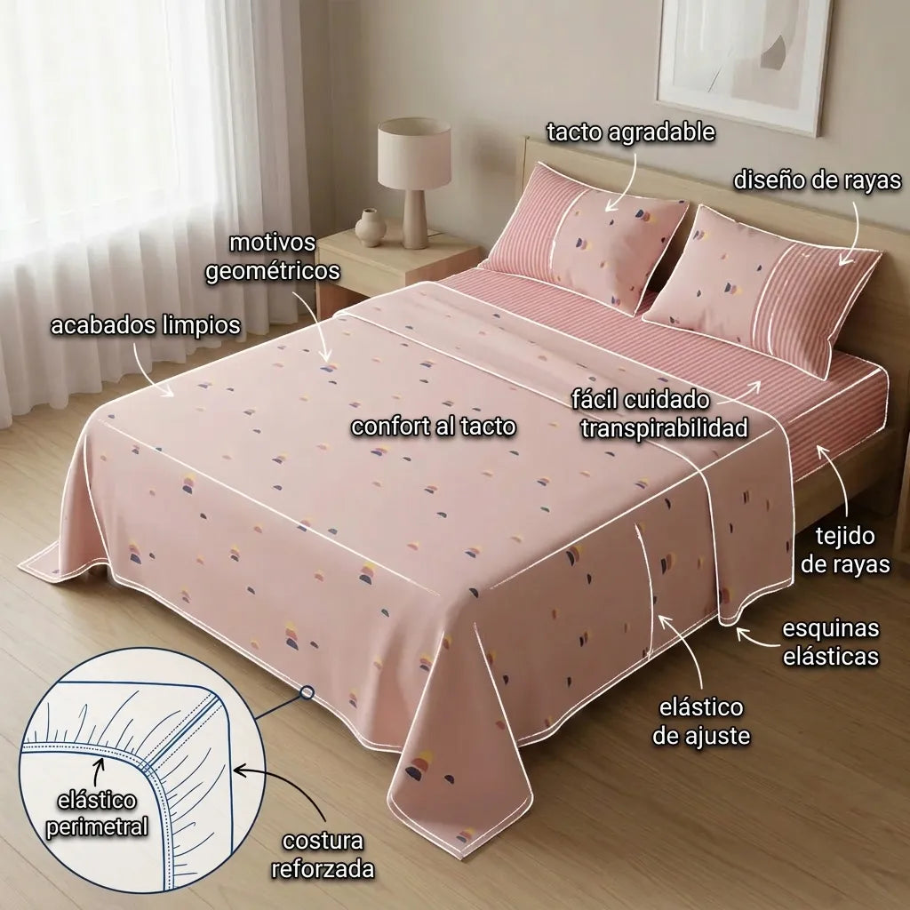 Juego De Sabanas 180 Hilos Rosado Semicírculos Y Líneas Confortable