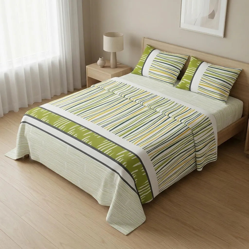 Juego De Sabanas 180 Hilos Amarilla Verde Rayas Confortable