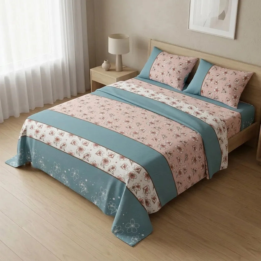 Juego De Sabanas 180 Hilos Rosado Azul Flores Confortable