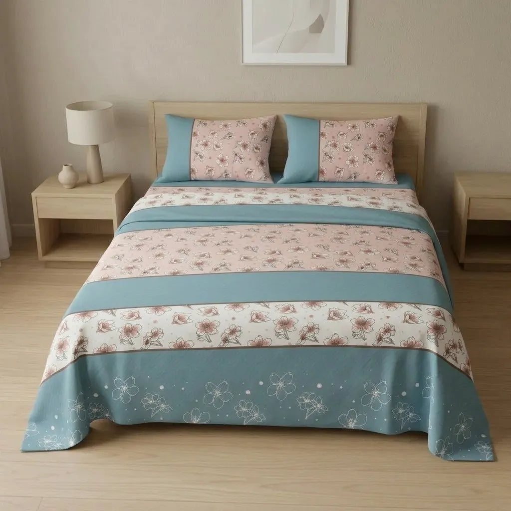 Juego De Sabanas 180 Hilos Rosado Azul Flores Confortable