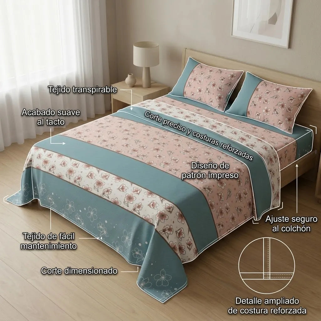 Juego De Sabanas 180 Hilos Rosado Azul Flores Confortable