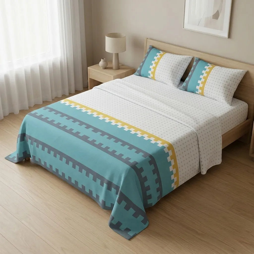 Juego De Sabanas 180 Hilos Azul Amarillo Círculos Confortable