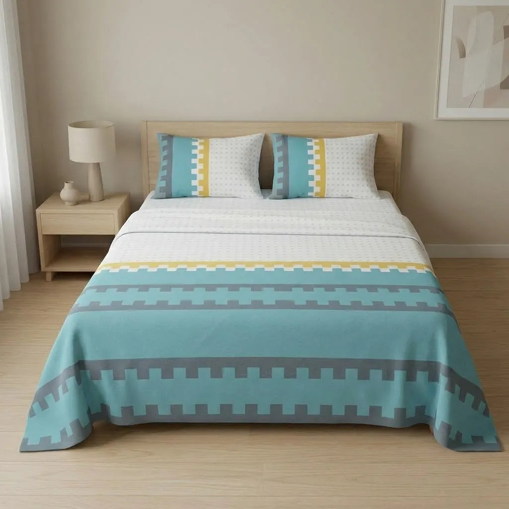 Juego De Sabanas 180 Hilos Azul Amarillo Círculos Confortable